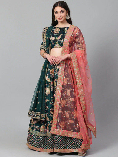 Green Semi-Stitched Myntra Lehenga & Unstitched Blouse with 2 Dupattas